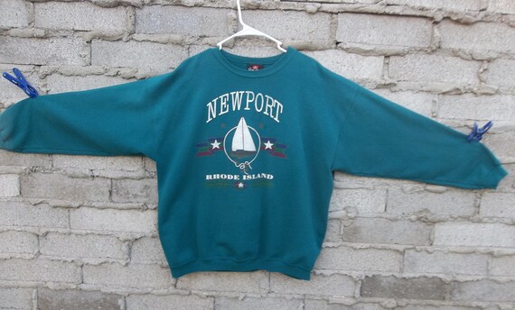 Vintage Sweatshirt 1990s 80s New Port Rhode Island Sports Pullover Fresh Prince Cosby Era Sail Boat Logo Distressed Large Unisex Chill Comfy