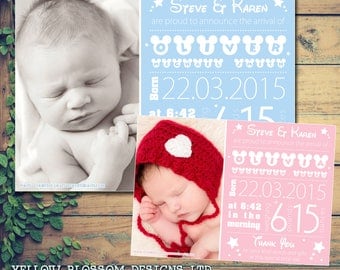 10 New Born Baby Announcement Thank You Cards Boy Girl Twins Unisex Mickey Minnie Printed Photo Personalised Bespoke Mouse Blue Pink Cute