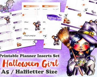 Spooky Halloween Girl - printable Inserts Set for Planner A5 / Halfletter Size - Day on 1 Page - 1 Week on 2 Pages