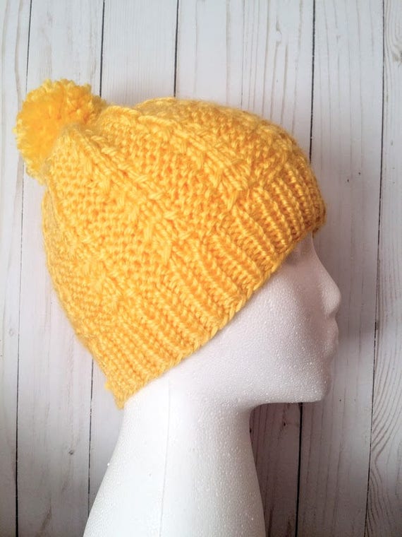 Yellow knit hat bulky yellow hat knit hat with pom pom
