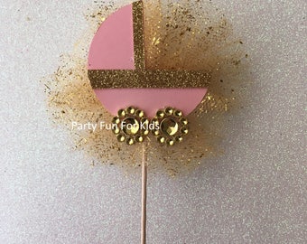 Baby Carriage Cupcake Toppers, Pink and Gold Topper, Baby Shower Carriage, Baby Carriage Party Favors, Pink and Gold Baby Shower Carriage