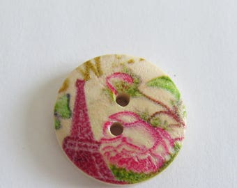 Eiffel Tower pink and green patterned wooden button