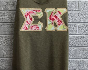 Sigma Kappa Olive Racerback Tank With Tumble Rose Print On Metallic Gold (223c)