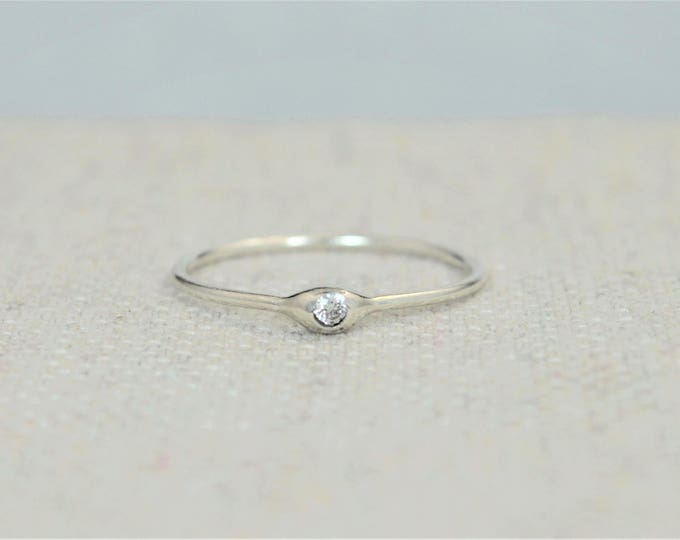 Dainty Silver Diamond Mothers Ring, Diamond Birthstone, Tiny Diamond Ring, Dew Drop Ring, Sterling Silver, Stacking Ring,April Birthday Gift