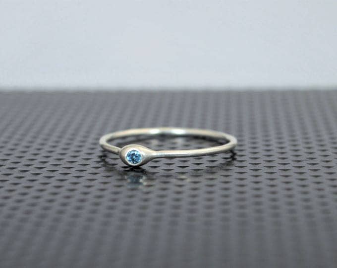 Dainty Sterling Silver Blue Zircon Mothers Ring, Birthstone, Tiny Blue Zircon Ring, Dew Drop Ring, Stacking Ring, December Birthday Gift