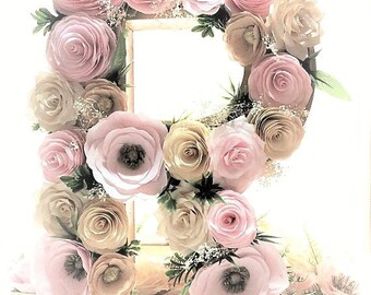 Floral letter, Large 16" Paper mache Letter, blush & gold paper flower letter, Floral wall decor, Baby shower floral letter, Nursery decor