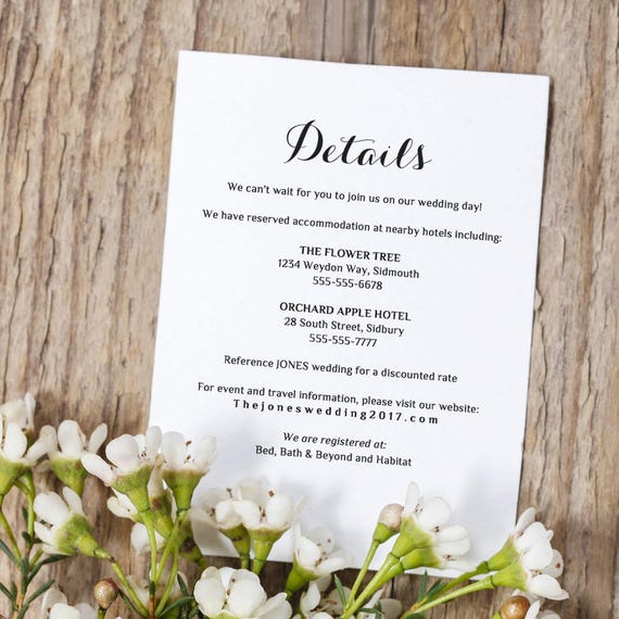 Printable Wedding Information Details Template Info card