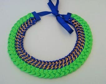 Collier trésse ras de cou vert et bleu