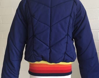 Vintage 70s Rainbow Puffy Ski Jacket Puffy Winter Coat Navy Stripe Size Small