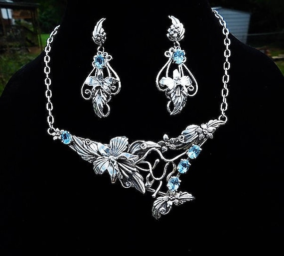 Designer Couture Southwest Jewelry Set / Chaco Canyon / Necklace Earrings / Blue Topaz / Navajo Orchid / Sterling Silver / Loretta Smith