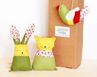 Fabric baby toys set, rabbit cat bird stuffed, yellow green red toys, nursery decor, Christmas gift, new baby shower present, linen rabbit