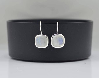 Rainbow Moonstone Earring, Silver Moonstone Earrings, Drop Moonstone Earring, Square Moonstone Earring, Silver Moonstone Square Earrings