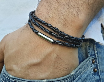 Men Leather Bracelet, Mens Bracelet, Leather Bracelet, Wrap Leather Bracelet, Black Leather Bracelet, Men's Black Bracelet, Gift for Men