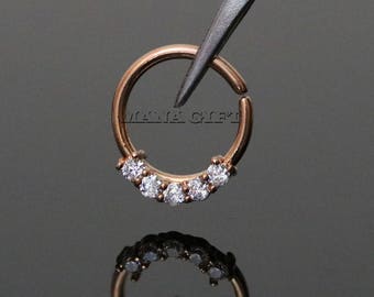 Rose Gold Five Prong Crystal Set Septum Piercing, Bendable CZ Septum Piercing Ring, Rose Gold Nose Hoop Ring, Rose Gold Nose Ring, H 504RG