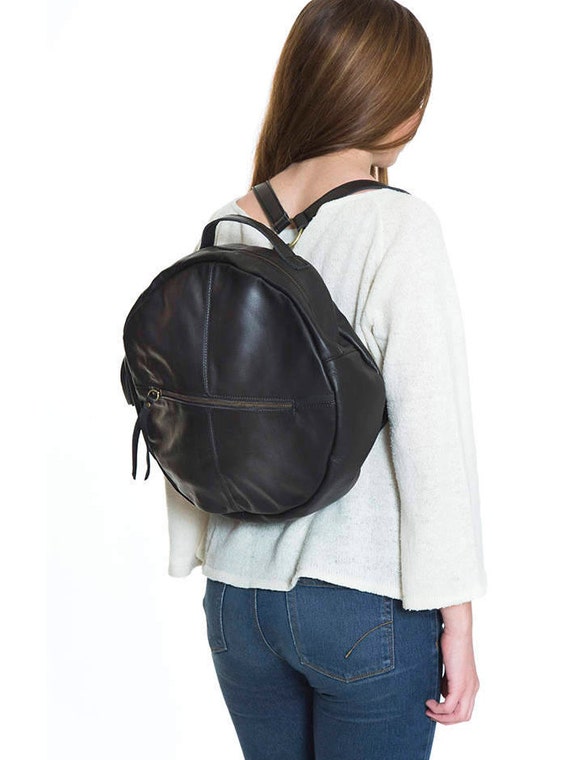 Black leather round backpack for womenschool bag work