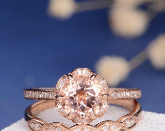 Unique Morganite Bridal Set Engagement Ring Rose Gold Flower Art Deco Eternity Wedding Band Dainty Pave Antique Diamond Stacking Anniversary