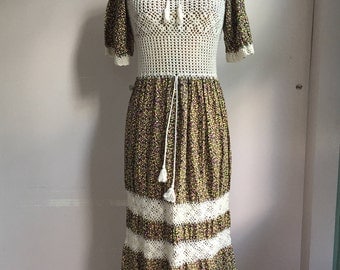 1970's Crochet and Floral Maxi Dress