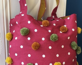 Tote bag with pom poms, beautiful gift or treat for self!