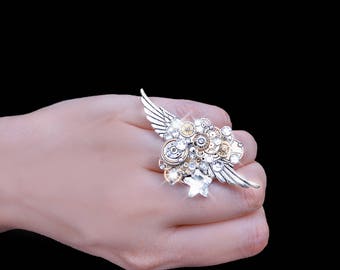 Steampunk ring, silver steampunk, boho ring, angel ring, magic ring, watch gear ring, crystal ring, filigree ring, steampunk fashion, OOAK