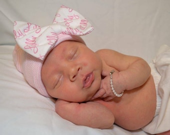 New Improved Round Top!! Hospital Newborn Beanie with Personalized Baby Name Bow! Newborn Hat, Baby Girl Hospital Hat.