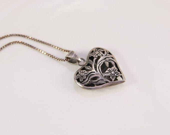 Silver Heart Necklace Graduation Gift Vintage Flower Puffed Heart Pendant Art Nouveau Necklace Open Work Valentine Gift Antique Love Charm