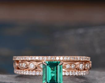 Antique Engagement Ring Set Lab Emerald Rose Gold Stacking Wedding Ring Matching Ring Set Diamond Art Deco Pave Anniversary Gift 3 Pieces