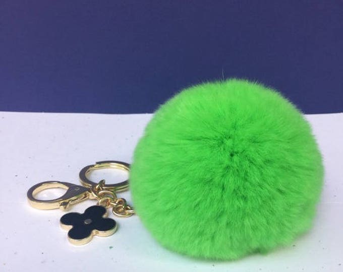 Neon summer green fur pom pom keyring bagcharm keychain fur ball with clover flower charm