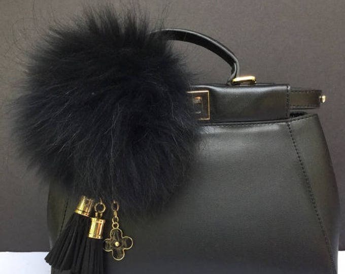Black Raccoon Fur Pom Pom luxury bag pendant + black flower charm in with two real leather tassels