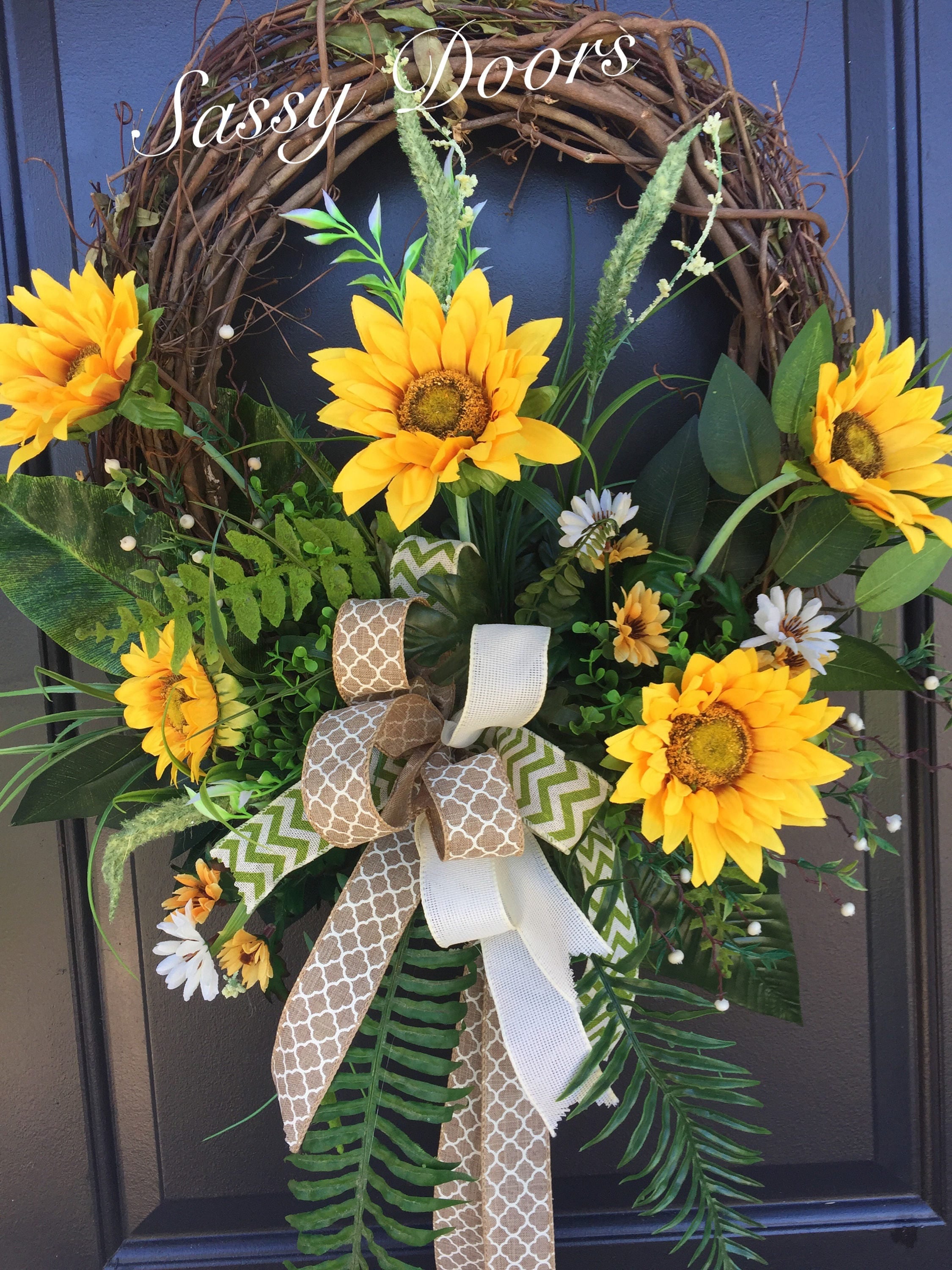 Sunflower Wreath- Sunflower Front Door Wreath- Sunflower Grapevine Wreath-