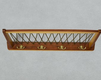 Wooden coat rack with hat rack made of wood / 5 brass hooks | West Germany | 60s