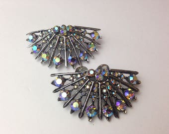 60s Shoe Clips Peacocks Rhinestone Silver Tone Multicolor Stones