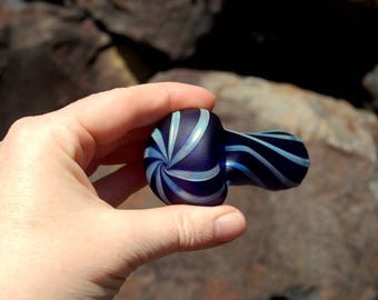 Cobalt blue matte glass pipe, sandblasted silver fumed stripes, hand blown etched glass, FREE SHIPPING