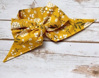 VINTAGE MUSTARD FLORAL Gorgeous Wrap- headwrap; fabric head wrap; polka dot head wrap; boho; newborn headband; baby headband; toddler bow