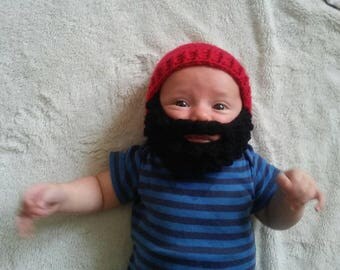 Baby beard hat. Black beard with red beanie. Custom any size or color. crochet beard hat. Beard beanie. Lumberjack hat. Newborn/ 0- 3 months