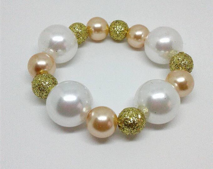 Chunky Pearl White Bead and Glitter Gold and Champagne Bead Bracelet.