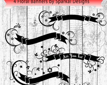 ON SALE Banner SVG Valentine Swirly Banner Tags Add your own Text, Floral Swirl Banners Holiday Banner Great with Htv Glitter, Flower Fauna