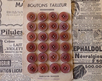 Set of 24 Vintage Tan Sewing Buttons ~ Original French Boutons Tailleur Card ~ 1/2 inch 12mm