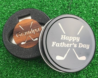 Fathers Day "Grandpa" Teak Wood golf ball marker hat clip with OPTIONAL tin