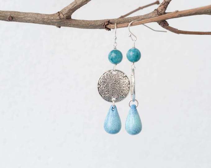 Blue stone earrings, Blue statement earrings, Blue drop earrings, Mandala earrings, Ocean blue earrings, Silver disk earrings