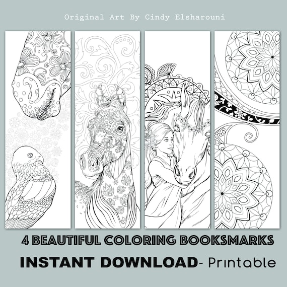 instant download bookmark coloring horse animal flower