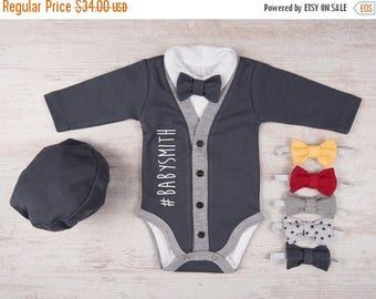 LATE SHIP SALE Baby Shower, Baby Boy Clothes, #Last Name Personalized Baby Boy Graphite Gray Cardigan, Bodysuit, Hat & Bow Tie Set, Baby Boy