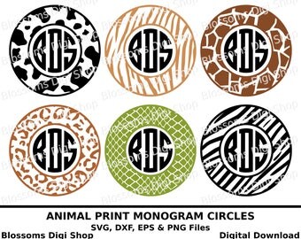 Animal print svg monogram circle, digital download, snake svg, tiger print, leopard svg, zebra die cut, cow svg, giraffe svg, zebra print