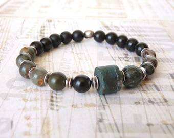 Boho Mens Bracelet, Hipster Bracelet, Beaded Bracelet, Bohemian Bracelet, Elastic Bracelet, Jasper Bead, Agate Bead, Boyfriend Gift