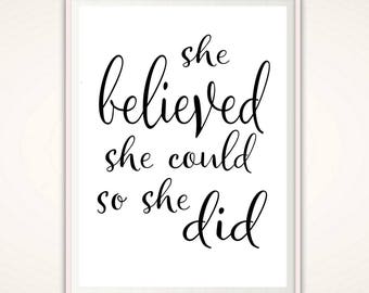 PRINTABLE She Believed Poster - Marathon Gift, She Believed She Could So She Did Print, Printable Typographic Print, Inspirational Quote