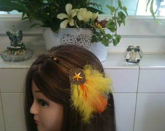 Headband shabby bronze,orange and yellow feather,orange star/serre tete en chaine,plume jaune, etoile strass