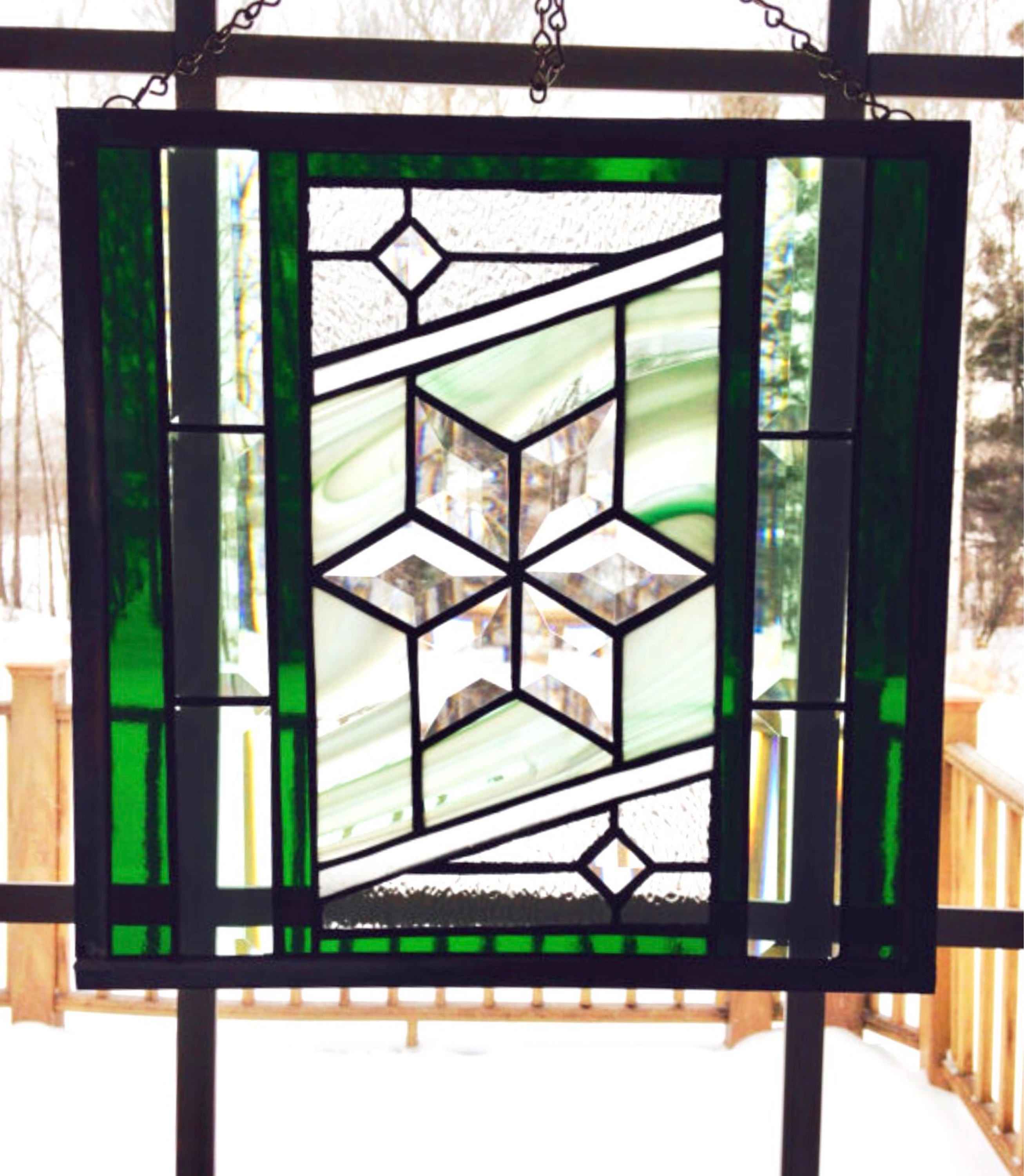Green beveled Star Stained Glass panel diamond bevel star