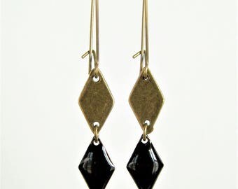 Brass diamond shape and black enamel diamond stud earrings