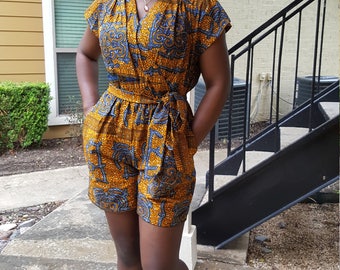 African print Romper with waist tie belt/sash