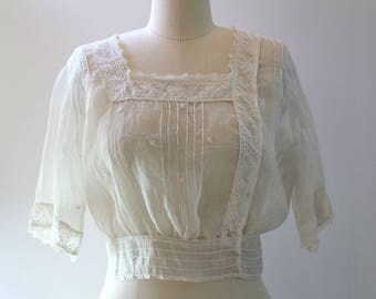 Edwardian Blouse, Edwardian Linen Shirt, Pin Tucks, Lace, Sheer Blouse, Edwardian