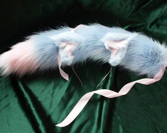 Kitty Play Tail and Ear set, Pastel blue and Baby Pink. Cat tail, Cat Ears, Cosplay, Anime, Neko. Kawaii, Costume, Pet Play.